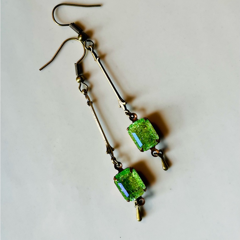 SOLD Peridot Green Crackle Glass Art Nouveau Earrings w a Glacier Blue Finish - Picture 14 of 15